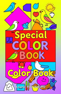 A vibrant and engaging book cover design for 'Special Color Book' featuring simple geometric shapes, colorful birds, friendly animals, and relatable household objects
