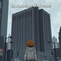 A realistic illustration of a girl in a grey hoodie standing with her back to a massive, ugly dark grey hotel that looms close to her and takes up most of the book cover