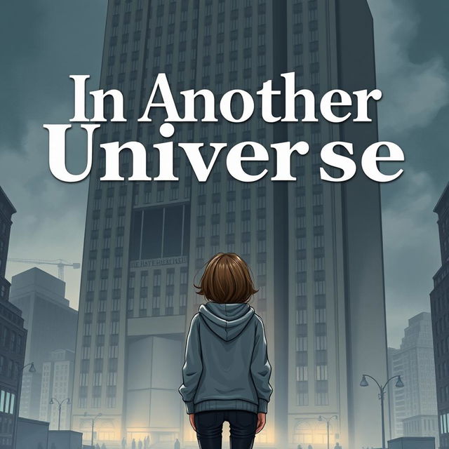 A realistic illustration of a girl in a grey hoodie standing with her back to a massive, ugly dark grey hotel that looms close to her and takes up most of the book cover