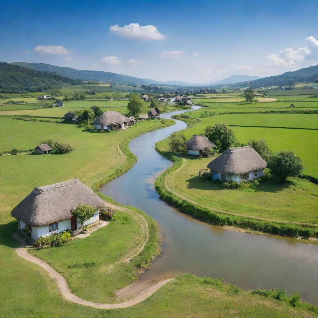 A quaint and tranquil countryside, with verdant grasslands, rustling trees, small cottages with thatched roofs, and a winding river cutting through the landscape under the clear blue sky.