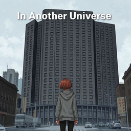 A realistic illustration of a girl in a grey hoodie standing with her back to a massive, ugly dark grey hotel that looms close to her and takes up most of the book cover