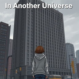 A realistic illustration of a girl in a grey hoodie standing with her back to a massive, ugly dark grey hotel that looms close to her and takes up most of the book cover