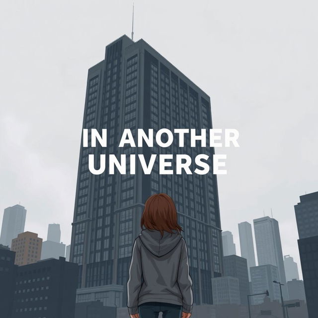 A realistic illustration featuring a girl in a grey hoodie standing with her back to a massive, ugly dark grey hotel that looms very close to her, dominating the entire book cover