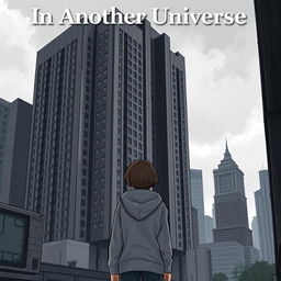 A realistic illustration featuring a girl in a grey hoodie standing with her back to a massive, ugly dark grey hotel that looms very close to her, dominating the entire book cover