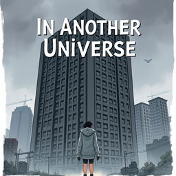 A realistic illustration featuring a girl in a grey hoodie standing with her back to a massive, ugly dark grey hotel that looms very close to her, dominating the entire book cover
