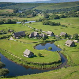 A quaint and tranquil countryside, with verdant grasslands, rustling trees, small cottages with thatched roofs, and a winding river cutting through the landscape under the clear blue sky.