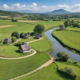 A quaint and tranquil countryside, with verdant grasslands, rustling trees, small cottages with thatched roofs, and a winding river cutting through the landscape under the clear blue sky.