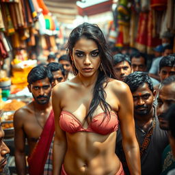 A terrified Arab female wearing a strapless bikini, looking apprehensive as she stands in a dense crowd of Indian males in a bustling cheap market