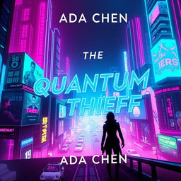 A futuristic book cover design for 'The Quantum Thief' by Ada Chen, featuring a vibrant cyberpunk theme