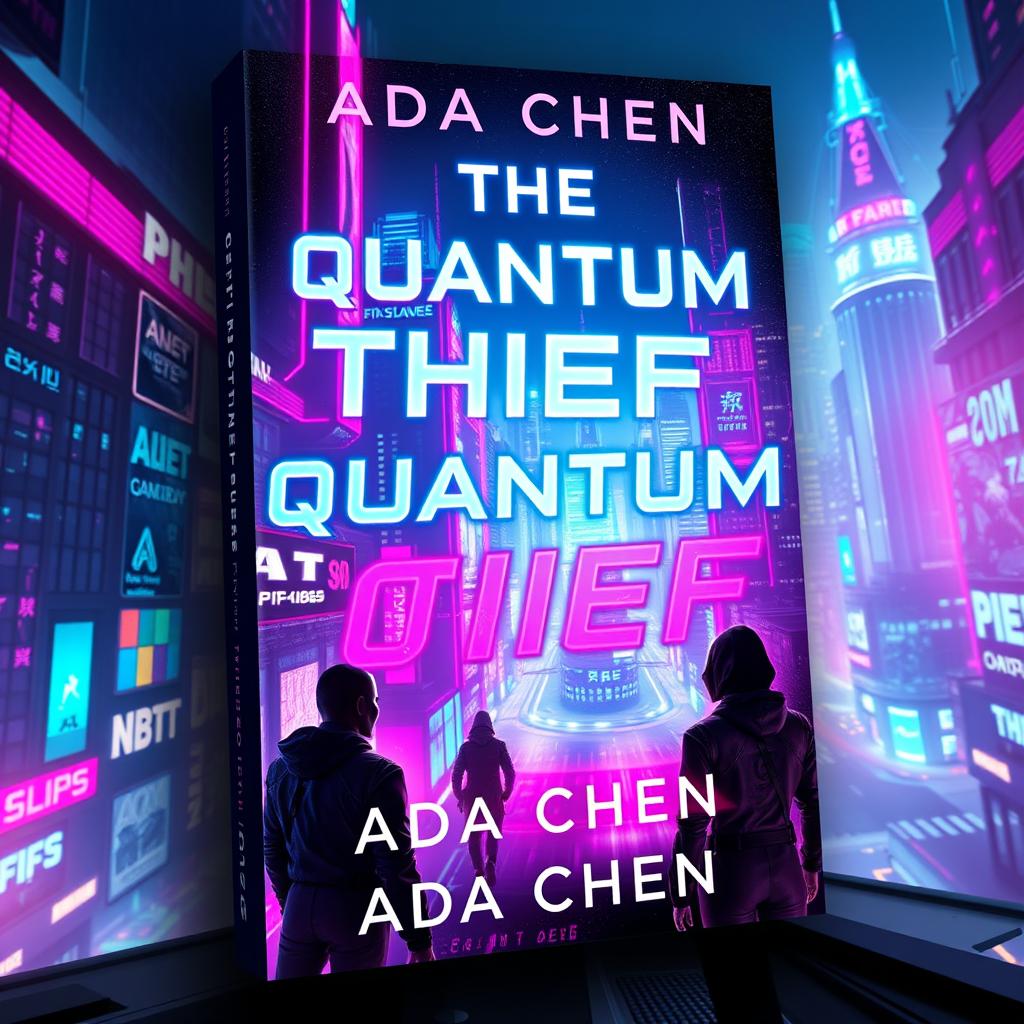 A futuristic book cover design for 'The Quantum Thief' by Ada Chen, featuring a vibrant cyberpunk theme