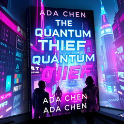 A futuristic book cover design for 'The Quantum Thief' by Ada Chen, featuring a vibrant cyberpunk theme