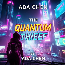 A futuristic book cover design for 'The Quantum Thief' by Ada Chen, featuring a vibrant cyberpunk theme