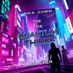 A futuristic book cover design for 'The Quantum Thief' by Ada Chen, featuring a vibrant cyberpunk theme