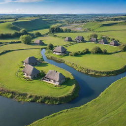 A quaint and tranquil countryside, with verdant grasslands, rustling trees, small cottages with thatched roofs, and a winding river cutting through the landscape under the clear blue sky.