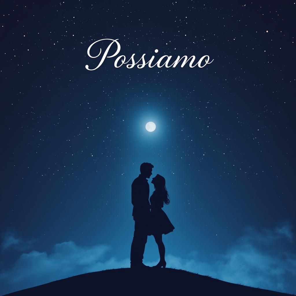 A captivating book cover design for 'Possiamo', featuring two silhouetted figures standing together under a starry night sky