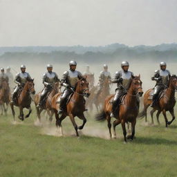 The tranquil countryside is suddenly ignited by the presence of a cavalry. Galloping horses with armored riders sweep across the verdant grasslands, creating a surge of energy in the otherwise calm scene.