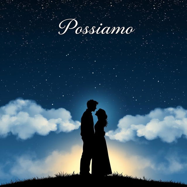 A captivating book cover design for 'Possiamo', featuring two silhouetted figures standing together under a starry night sky