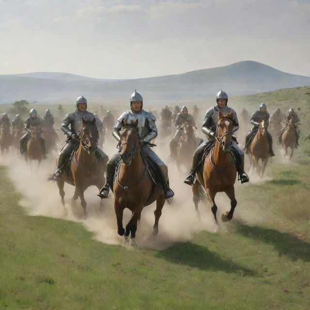 The tranquil countryside is suddenly ignited by the presence of a cavalry. Galloping horses with armored riders sweep across the verdant grasslands, creating a surge of energy in the otherwise calm scene.