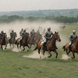 The tranquil countryside is suddenly ignited by the presence of a cavalry. Galloping horses with armored riders sweep across the verdant grasslands, creating a surge of energy in the otherwise calm scene.