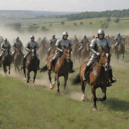 The tranquil countryside is suddenly ignited by the presence of a cavalry. Galloping horses with armored riders sweep across the verdant grasslands, creating a surge of energy in the otherwise calm scene.