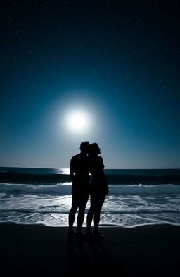 Two people back to back, silhouetted against a starlit sky, with the ocean waves gently crashing behind them