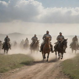 The calm countryside is now a scene of intense action as the cavalry charges toward the peaceful village. Their armored steeds kick up clouds of dust and spew fear into the heart of the quaint settlement.