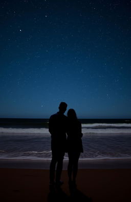 Two people back to back, silhouetted against a starlit sky, with the ocean waves gently crashing behind them