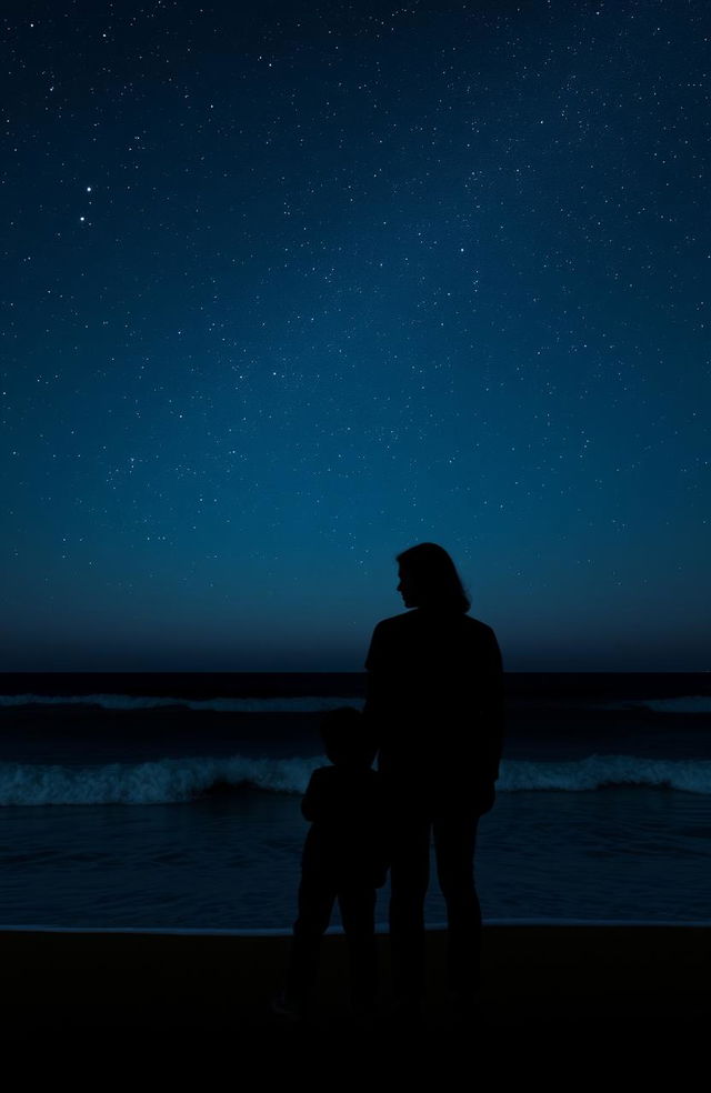 Two people back to back, silhouetted against a starlit sky, with the ocean waves gently crashing behind them