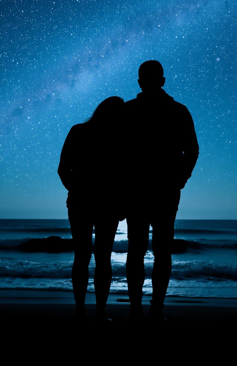 Two people back to back, silhouetted against a starlit sky, with the ocean waves gently crashing behind them