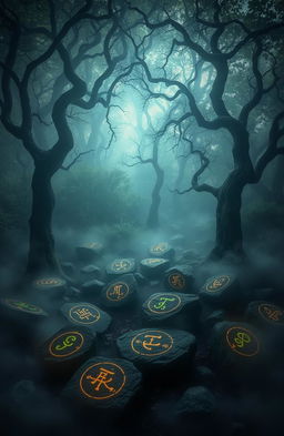 A mystical forest shrouded in an aura of dark energy, where twisted trees loom overhead with gnarled branches