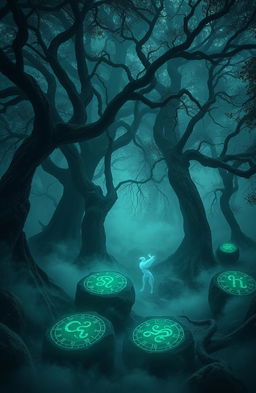 A mystical forest shrouded in an aura of dark energy, where twisted trees loom overhead with gnarled branches