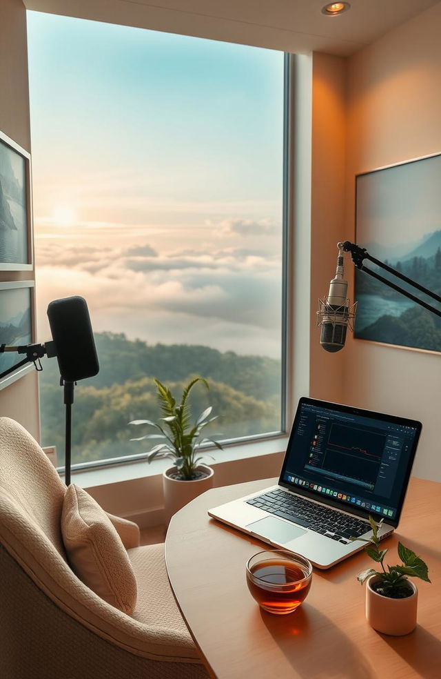 A tranquil and serene workspace designed for podcasting about solitude, featuring a cozy chair, a stylish microphone, soundproof walls adorned with soothing artwork, and warm ambient lighting