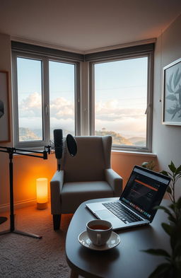 A tranquil and serene workspace designed for podcasting about solitude, featuring a cozy chair, a stylish microphone, soundproof walls adorned with soothing artwork, and warm ambient lighting