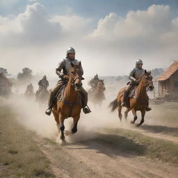 The calm countryside is now a scene of intense action as the cavalry charges toward the peaceful village. Their armored steeds kick up clouds of dust and spew fear into the heart of the quaint settlement.