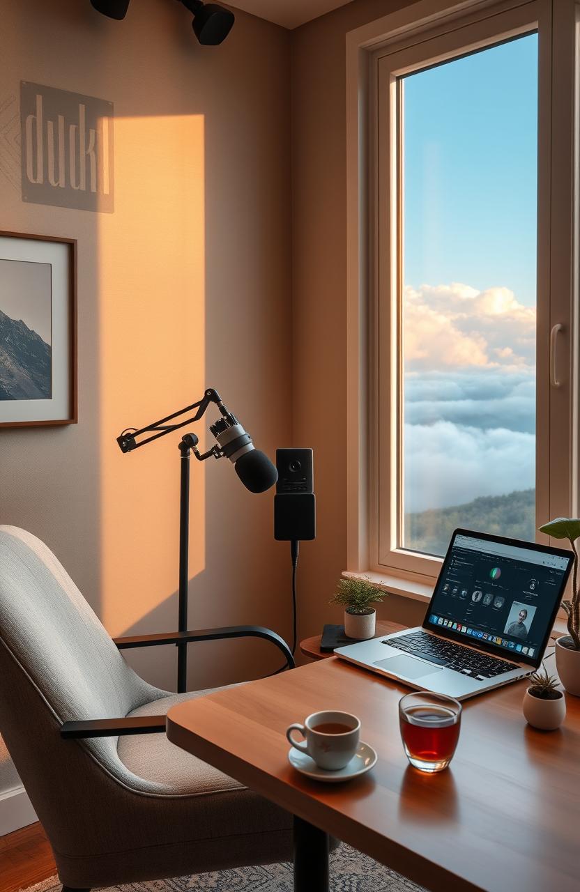 A tranquil and serene workspace designed for podcasting about solitude, featuring a cozy chair, a stylish microphone, soundproof walls adorned with soothing artwork, and warm ambient lighting