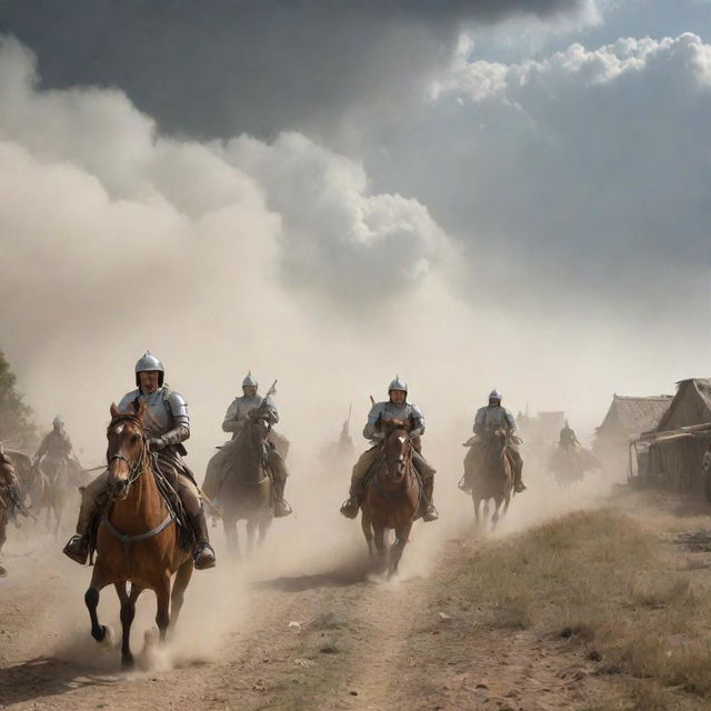 The calm countryside is now a scene of intense action as the cavalry charges toward the peaceful village. Their armored steeds kick up clouds of dust and spew fear into the heart of the quaint settlement.