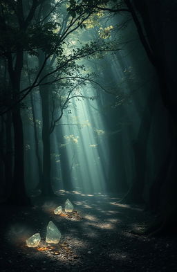 A mystical forest filled with dark energy yet illuminated by soft, ethereal light, the trees appear alive and whispering with ancient secrets