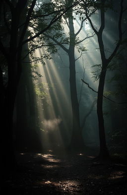 A mystical forest filled with dark energy yet illuminated by soft, ethereal light, the trees appear alive and whispering with ancient secrets