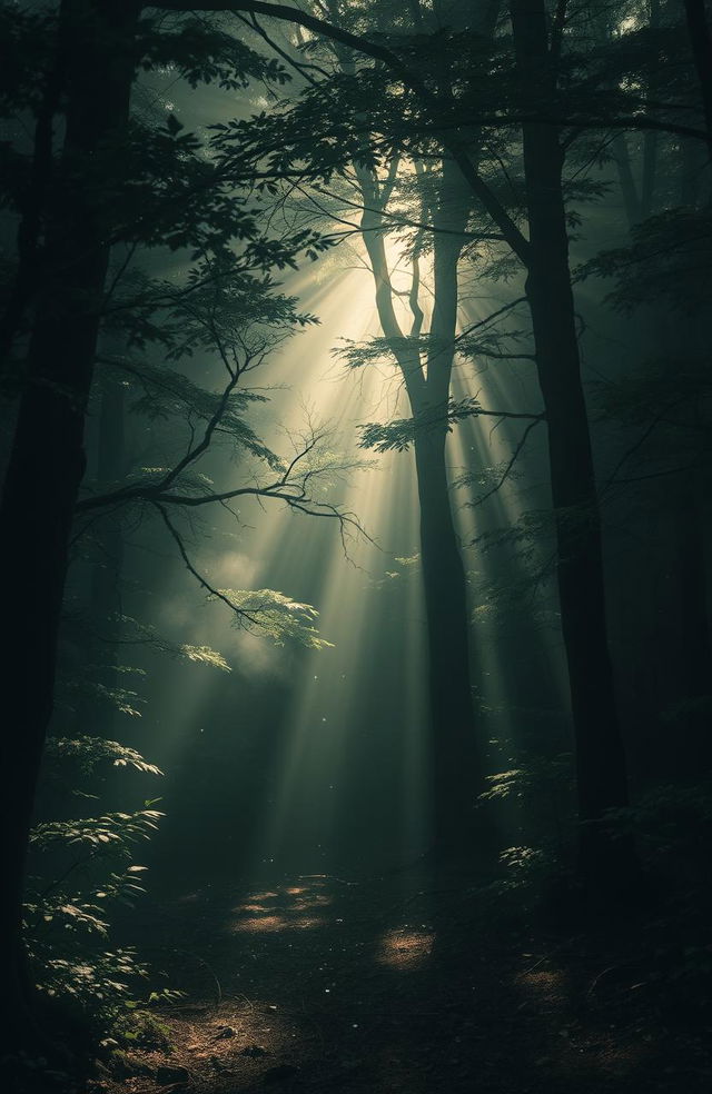 A mystical forest filled with dark energy yet illuminated by soft, ethereal light, the trees appear alive and whispering with ancient secrets