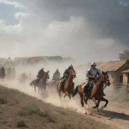 The calm countryside is now a scene of intense action as the cavalry charges toward the peaceful village. Their armored steeds kick up clouds of dust and spew fear into the heart of the quaint settlement.