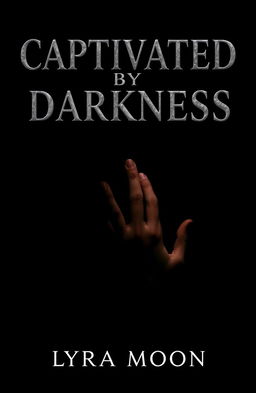 A deep black background showcases a faintly lit human hand in the lower right corner, fingers slightly curled as if expressing pain or reaching out