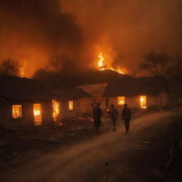 Chaos ensues in the village as homes are set ablaze. The once tranquil scene is now filled with orange glow of the fires and terrified villagers fleeing for safety, their expressions filled with shock.