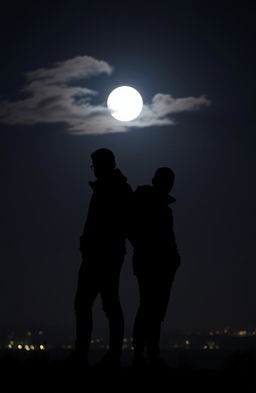 Two shadows standing back to back in a night setting, illuminated by soft moonlight, with a backdrop of a starry sky