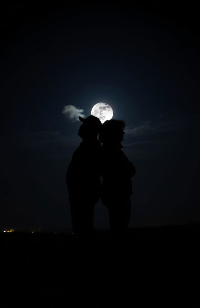 Two shadows standing back to back in a night setting, illuminated by soft moonlight, with a backdrop of a starry sky