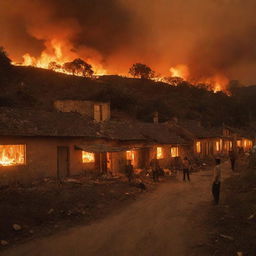 Chaos ensues in the village as homes are set ablaze. The once tranquil scene is now filled with orange glow of the fires and terrified villagers fleeing for safety, their expressions filled with shock.