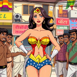 An animated scene featuring a confident Wonder Woman character wearing a strapless bikini that accentuates her big cleavage, surrounded by a lively group of Indian men