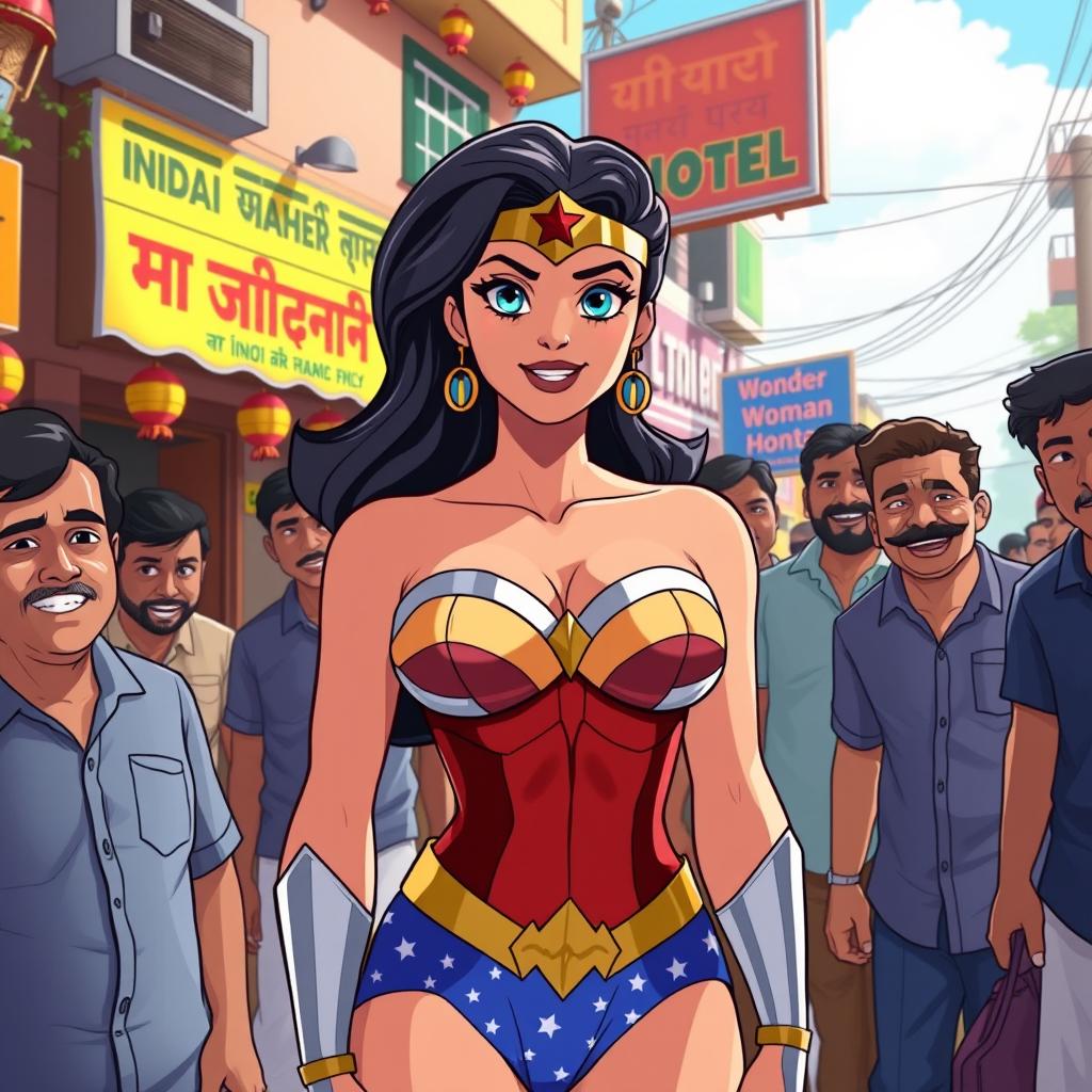 An animated scene featuring a confident Wonder Woman character wearing a strapless bikini that accentuates her big cleavage, surrounded by a lively group of Indian men