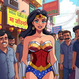 An animated scene featuring a confident Wonder Woman character wearing a strapless bikini that accentuates her big cleavage, surrounded by a lively group of Indian men