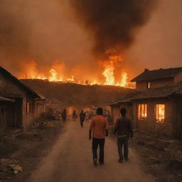 Chaos ensues in the village as homes are set ablaze. The once tranquil scene is now filled with orange glow of the fires and terrified villagers fleeing for safety, their expressions filled with shock.