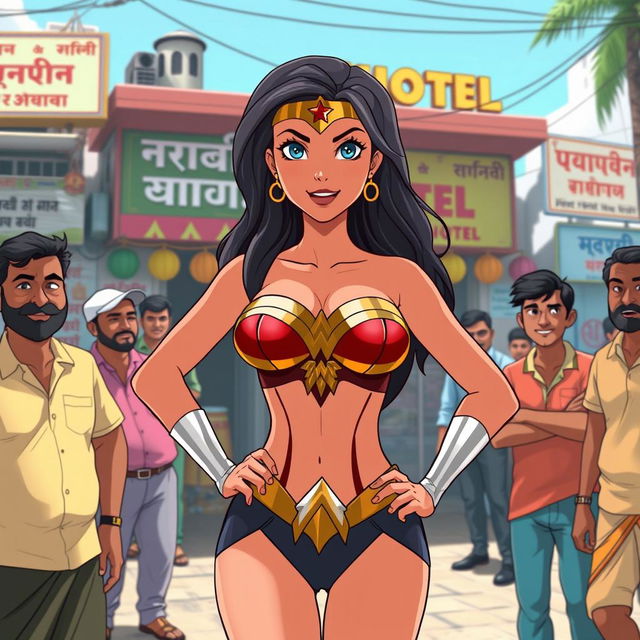 An animated scene featuring a confident Wonder Woman character wearing a strapless bikini that accentuates her big cleavage, surrounded by a lively group of Indian men